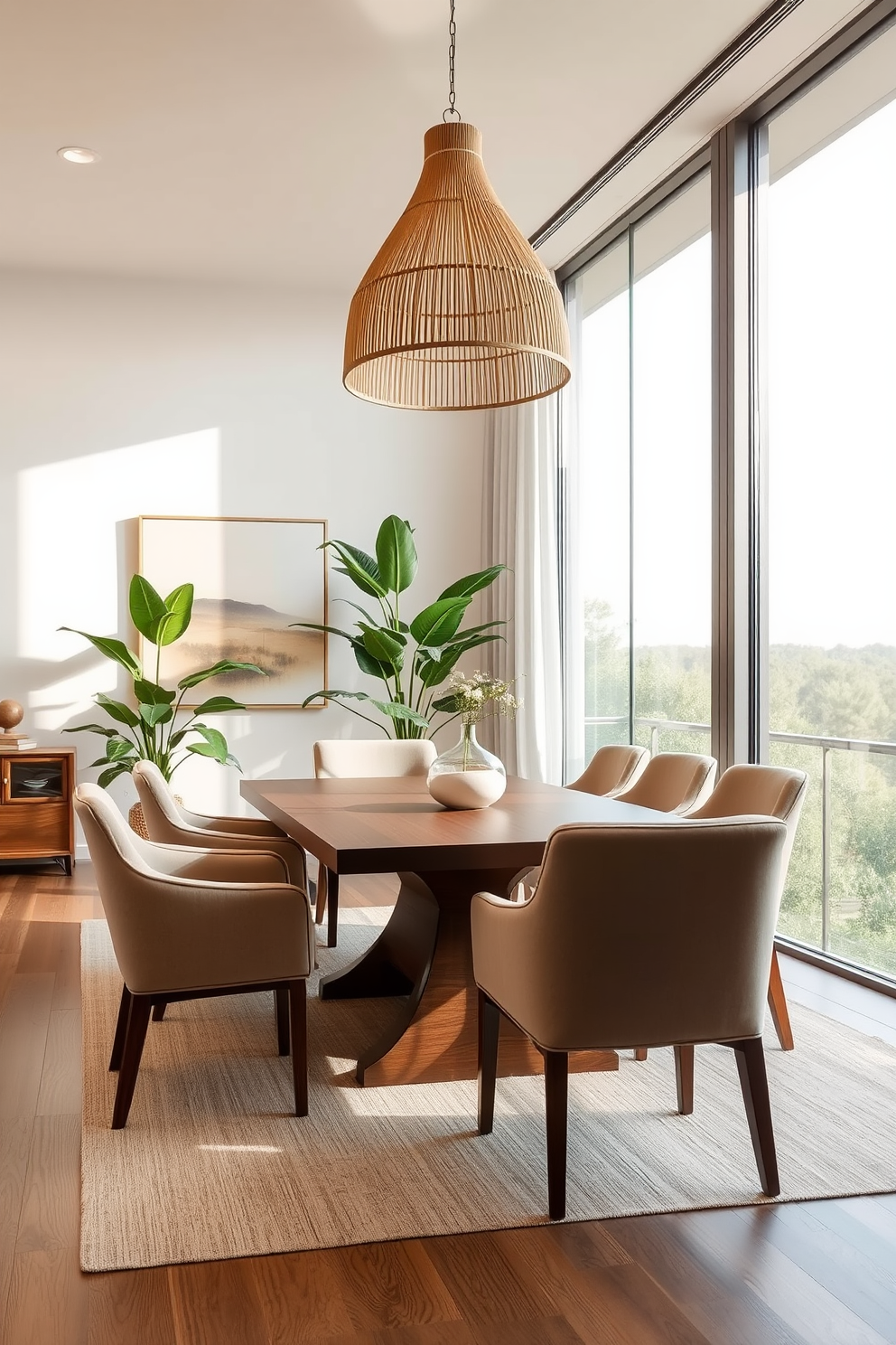 A serene dining room featuring layered textiles with intricate Asian patterns. The space includes a large wooden dining table surrounded by elegant chairs upholstered in rich fabrics that showcase traditional motifs. Soft lighting illuminates the room, highlighting the textures of the textiles and the natural wood grain of the furniture. A beautiful centerpiece of seasonal flowers sits atop the table, complemented by decorative bowls that reflect Asian artistry.