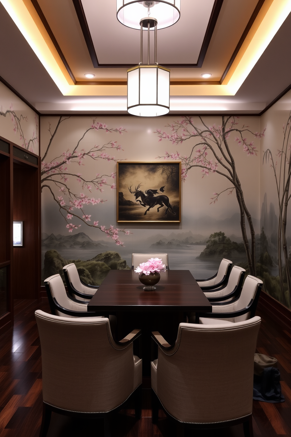 A serene Asian-inspired dining room featuring intricate wall murals depicting nature scenes with cherry blossoms and bamboo. The room is adorned with a low wooden dining table surrounded by elegant upholstered chairs, complemented by soft ambient lighting.