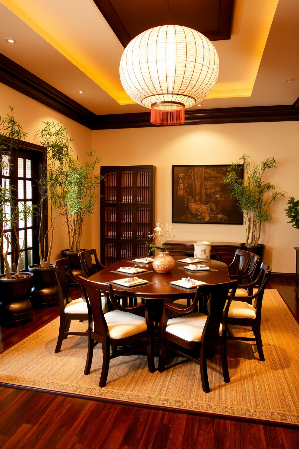 A serene Asian dining room featuring tatami mats that create an authentic flooring experience. The room is adorned with a low wooden table surrounded by floor cushions, enhancing the traditional aesthetic.