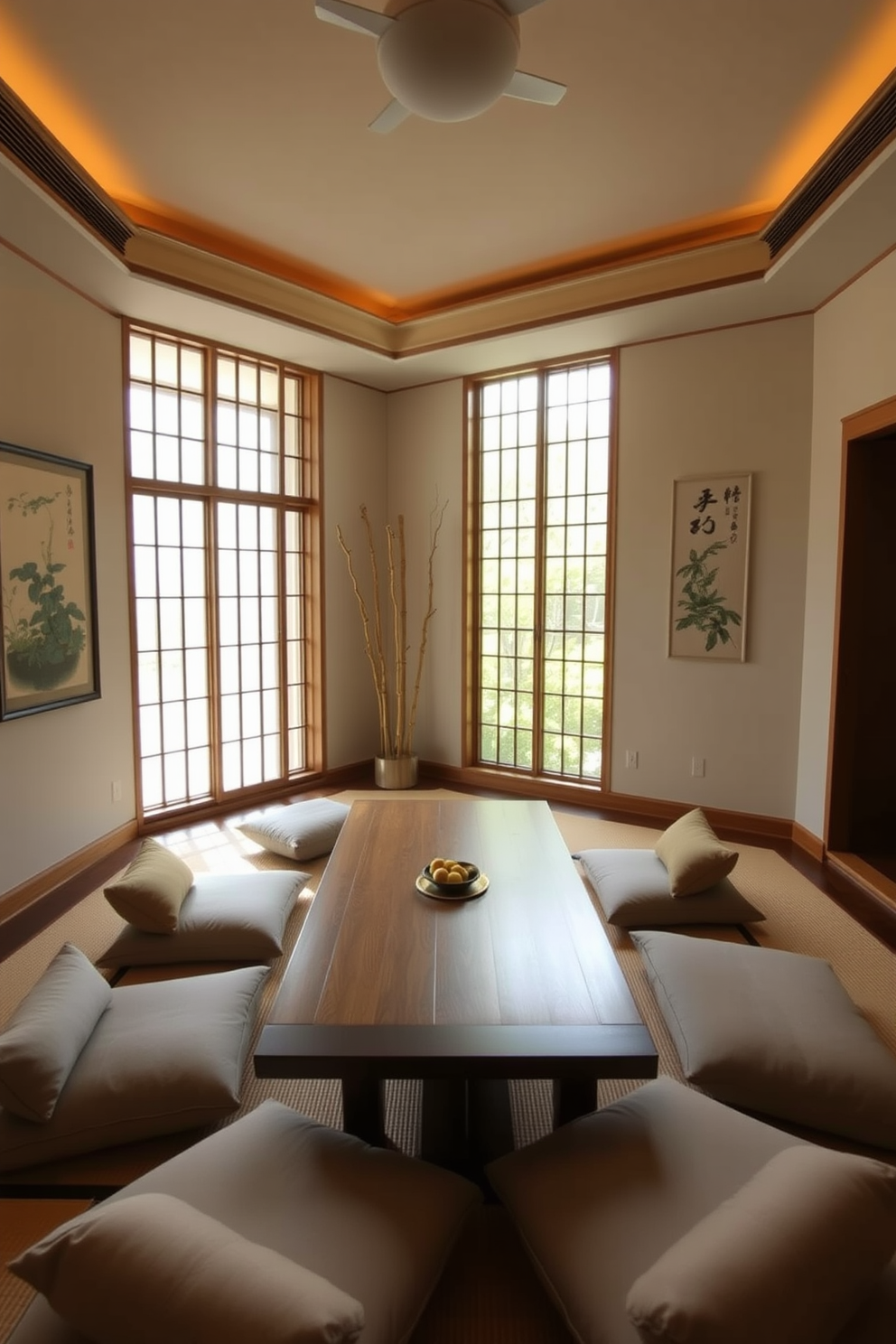 A serene Asian dining room featuring a low wooden table surrounded by plush cushions in various soft colors. The walls are adorned with traditional art, and a large window allows natural light to fill the space, highlighting the elegant bamboo accents.