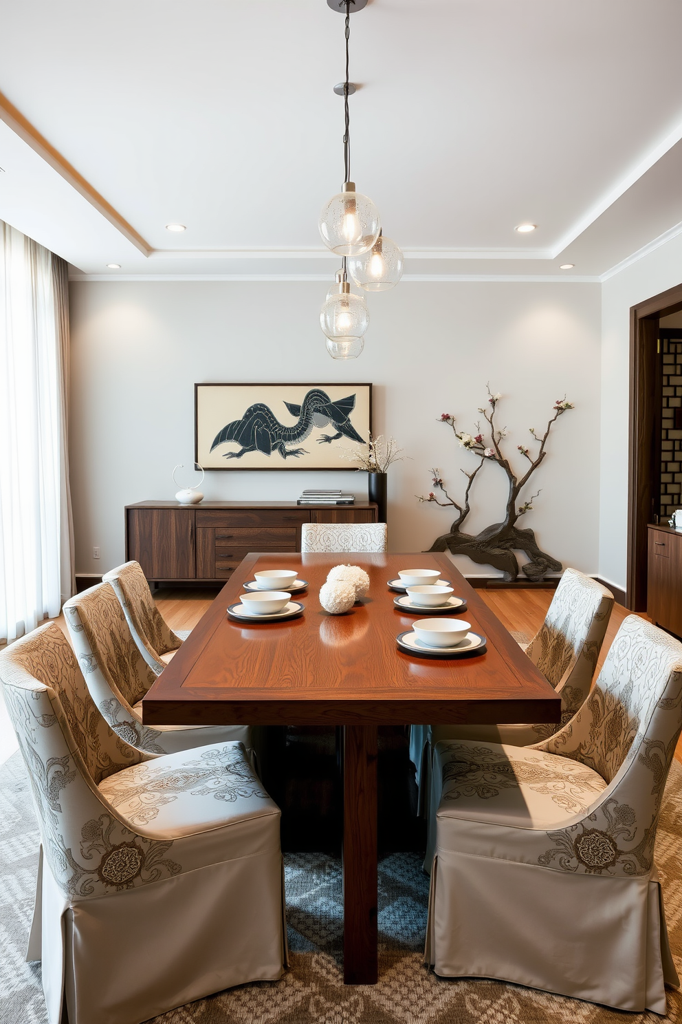 A serene Asian dining room featuring elegant floating shelves adorned with a curated collection of collectibles. The room is enhanced by warm wood tones and soft ambient lighting, creating a welcoming atmosphere for gatherings.