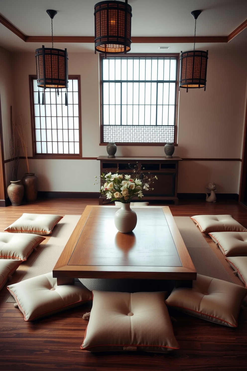 A harmonious dining room that blends modern and traditional Asian styles. The centerpiece is a sleek wooden table with an intricate inlay, surrounded by minimalist chairs featuring soft cushions in rich, vibrant colors. On one side, a traditional sideboard displays elegant porcelain dishware, while a contemporary pendant light hangs above the table. The walls are adorned with subtle bamboo wallpaper, and a large window offers a view of a serene garden, enhancing the tranquil atmosphere.