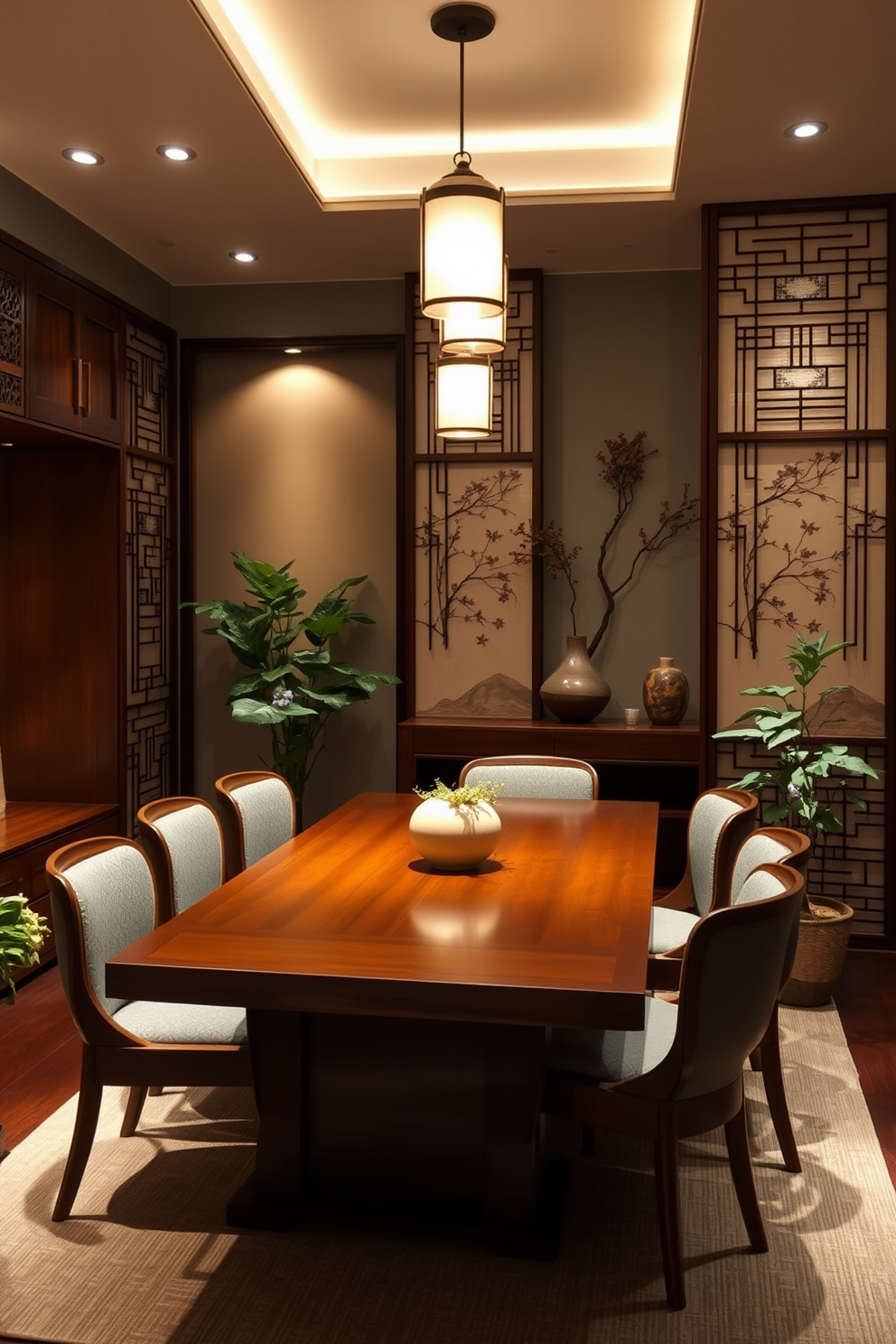 A serene Asian dining room features elegant decorative screens as artistic room dividers that create a sense of intimacy and style. The screens are adorned with intricate patterns and natural motifs, harmonizing beautifully with the warm wooden dining table and traditional chairs. Soft ambient lighting casts a gentle glow over the space, enhancing the tranquil atmosphere. The room is accented with lush greenery and subtle decor elements that reflect the essence of Asian design aesthetics.