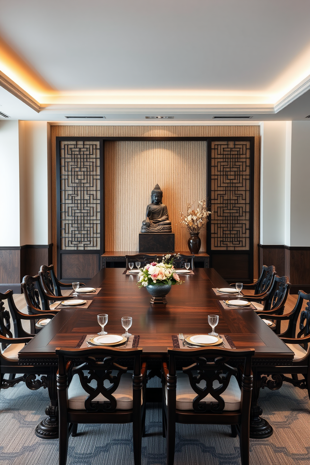 A serene Asian dining room featuring a large wooden dining table surrounded by intricately carved chairs. The focal point of the room is a beautifully crafted Buddha statue placed on a pedestal against a backdrop of soft, natural bamboo wallpaper. Soft, ambient lighting illuminates the space with warm hues, enhancing the tranquil atmosphere. Elegant table settings with fine china and delicate floral arrangements complete the inviting aesthetic.