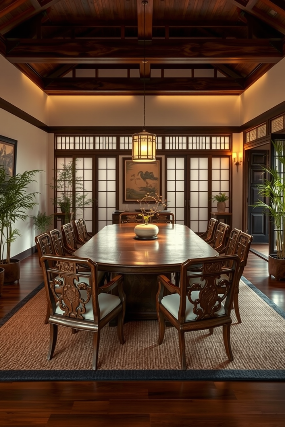 A serene Asian dining room featuring a large wooden table surrounded by intricately designed chairs. Soft layered lighting illuminates the space, with pendant lights hanging above the table and wall sconces casting a warm glow. The walls are adorned with traditional artwork and the floor is covered with a natural fiber rug. Bamboo plants are placed in the corners, adding a touch of greenery and tranquility to the atmosphere.