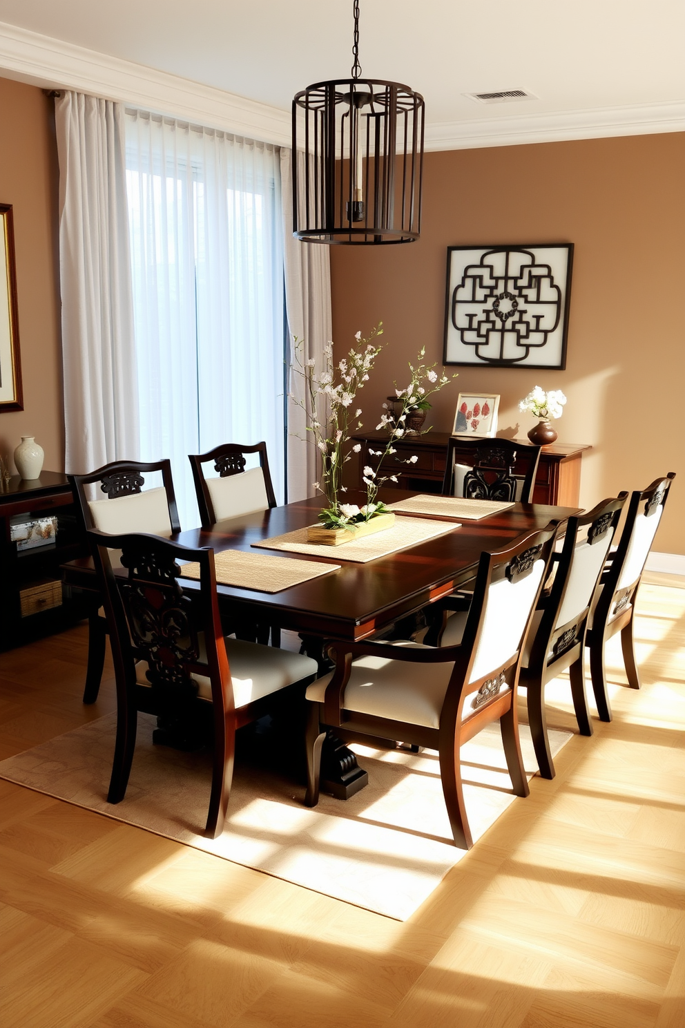 A serene Asian dining room featuring a large wooden table with intricate carvings surrounded by elegantly upholstered chairs. The space is adorned with geometric patterned decor items such as placemats and wall art, creating a harmonious blend of tradition and modernity. Natural light filters through sheer curtains, illuminating a centerpiece of bamboo and blossoms on the table. The walls are painted in a soft earth tone, enhancing the tranquil atmosphere of the room.