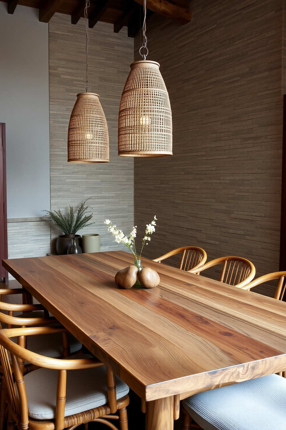 A serene Asian dining room featuring natural stone elements. The table is crafted from reclaimed wood with a smooth finish, surrounded by elegant bamboo chairs. Soft lighting emanates from pendant fixtures made of woven rattan, casting gentle shadows. The walls are adorned with textured stone panels, creating a warm and inviting atmosphere.