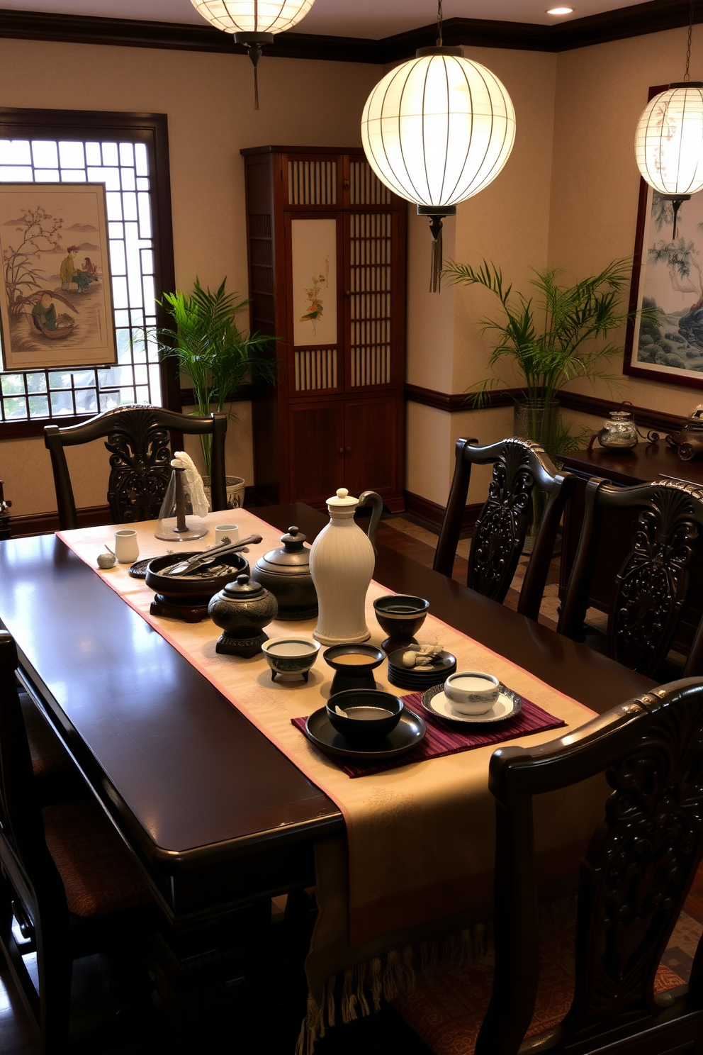 A serene Asian dining room featuring a dark wooden table surrounded by intricately carved chairs. On the table, a beautiful silk table runner displays a collection of family heirlooms, including a vintage tea set and decorative bowls. The walls are adorned with traditional artwork depicting nature scenes, while bamboo plants add a touch of greenery to the corners. Soft lighting from paper lanterns creates a warm and inviting atmosphere, perfect for family gatherings.