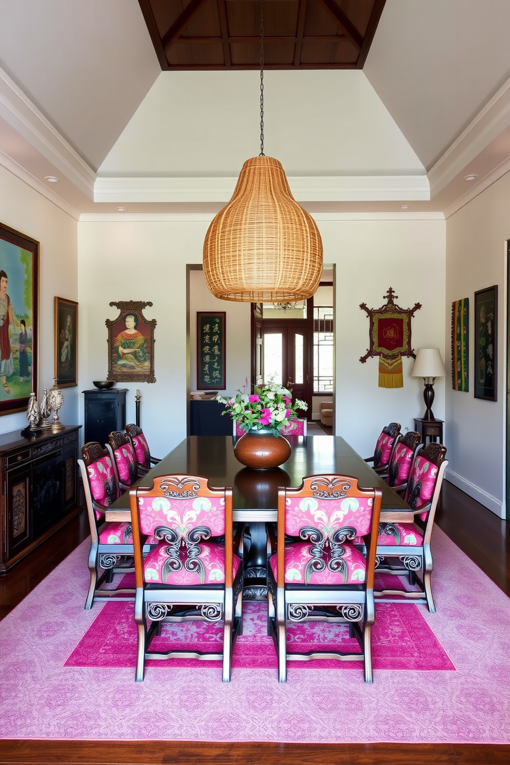 A serene Asian dining room featuring a large rectangular wooden table surrounded by minimalist chairs with geometric shapes. The room is adorned with subtle earth tones and natural materials, creating a harmonious atmosphere for dining. A statement light fixture with a geometric design hangs above the table, casting a warm glow over the space. Decorative elements such as bamboo plants and ceramic vases add a touch of elegance and tranquility to the overall design.