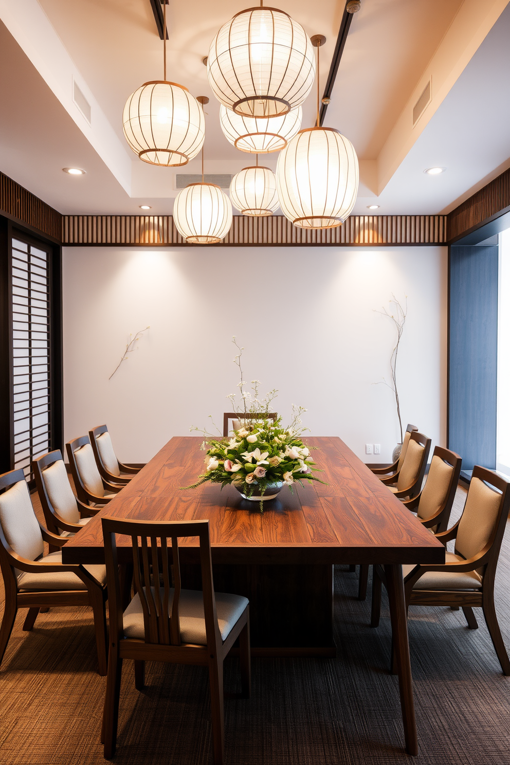 A serene Asian dining room setting featuring a large wooden table surrounded by elegant chairs. The space is illuminated by soft paper lanterns hanging from the ceiling, casting a warm glow throughout the room. The walls are adorned with subtle bamboo accents, creating a tranquil atmosphere. A beautiful centerpiece of fresh flowers sits on the table, enhancing the natural aesthetic of the design.