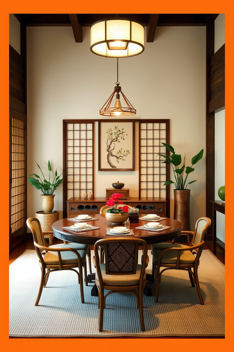 Create an Asian dining room that harmonizes with feng shui principles. Incorporate natural materials such as bamboo and wood, with a round table at the center to promote unity and balance. Use soft, warm lighting to create an inviting atmosphere, and include elements like a small indoor water feature to enhance the flow of positive energy. Choose a color palette of earthy tones and accents of red for good fortune, with artwork that reflects nature and tranquility.