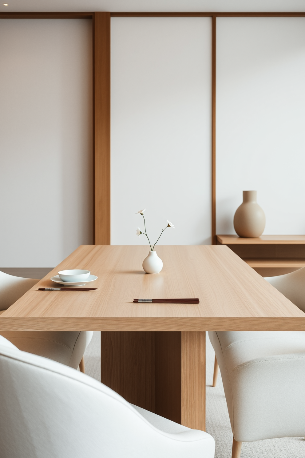 A minimalist table setting features a sleek wooden table with a light natural finish. Simple white dishes are arranged neatly, accompanied by elegant chopsticks and a small decorative vase with a single flower. The Asian dining room showcases clean lines and a harmonious color palette. Soft ambient lighting highlights the simplicity of the space, creating a tranquil atmosphere for dining.