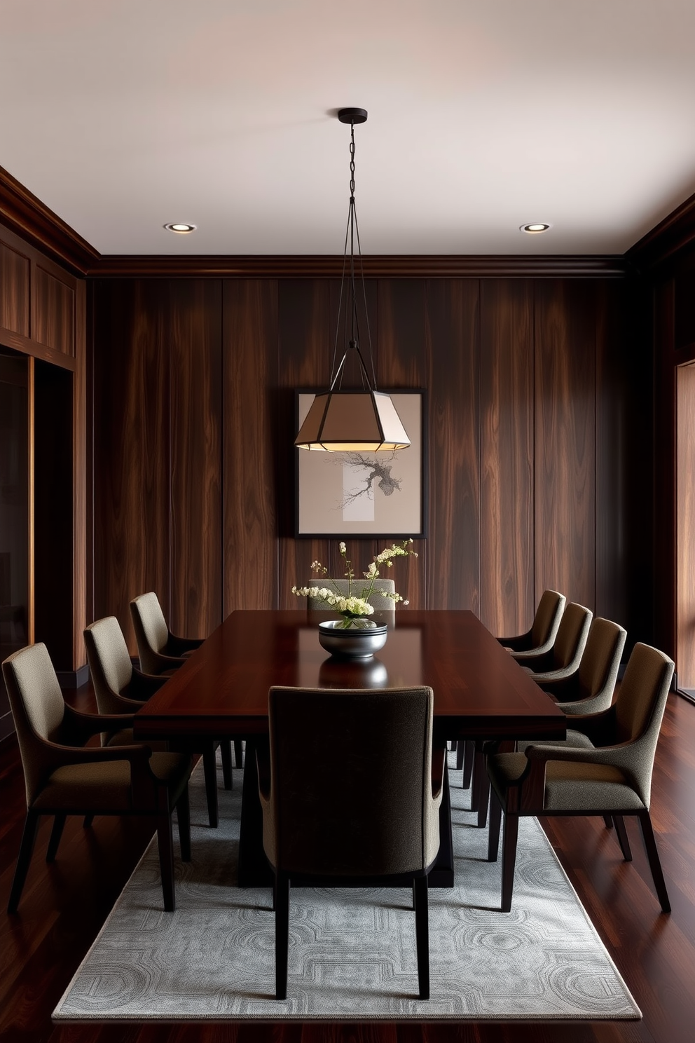 A serene Asian dining room featuring a large wooden table surrounded by elegant chairs. The space is illuminated by beautiful Chinese lanterns hanging from the ceiling, casting a warm and inviting glow. The walls are adorned with subtle artwork that reflects Asian culture, enhancing the overall ambiance. A rich color palette of deep reds and golds complements the natural wood elements throughout the room.