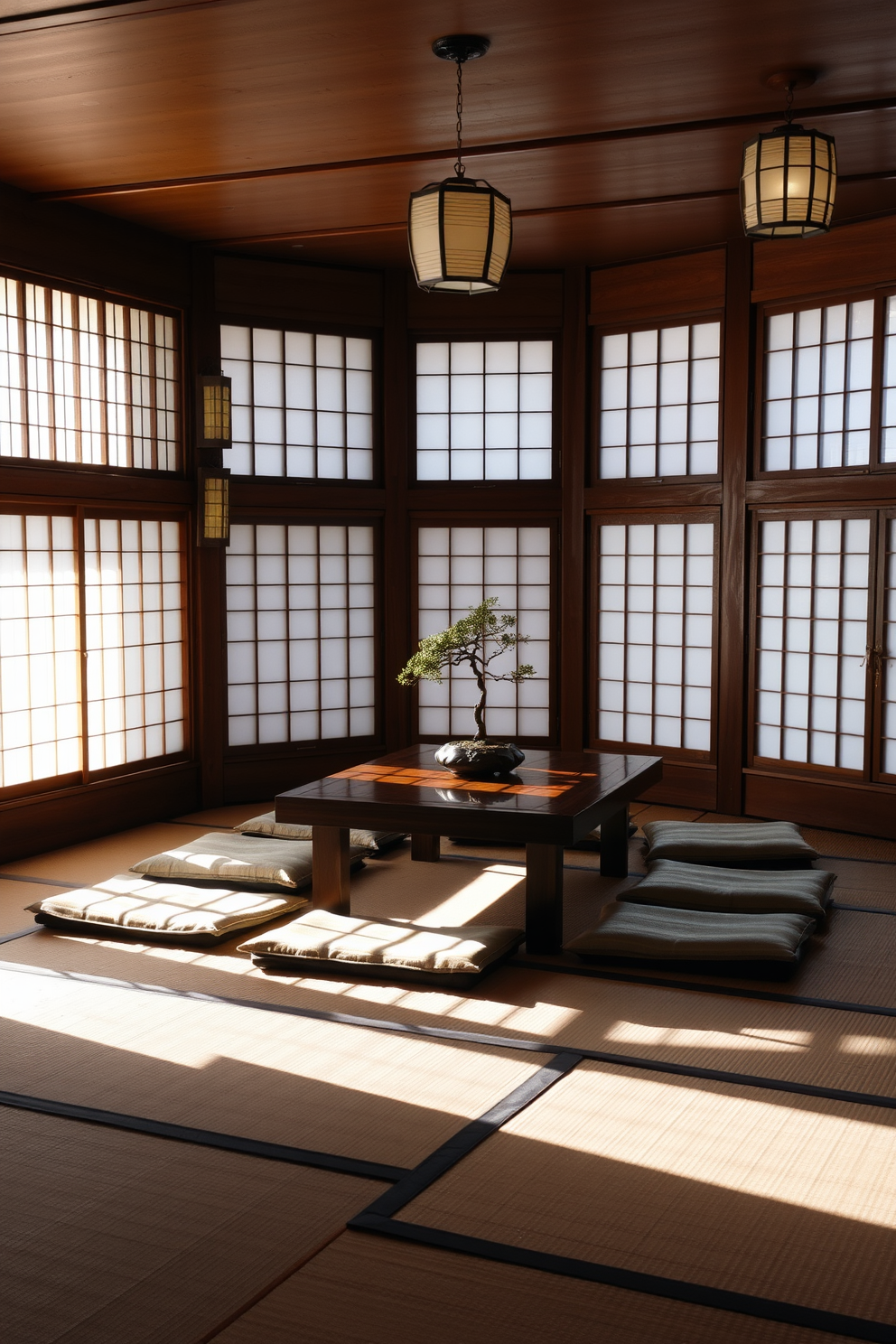 A serene Asian dining room featuring minimalist decor. The space is adorned with calming colors such as soft beige and muted greens, creating a tranquil atmosphere. A low wooden dining table is surrounded by sleek, upholstered chairs in neutral tones. Natural light filters through sheer curtains, highlighting a simple centerpiece of bamboo and stones.