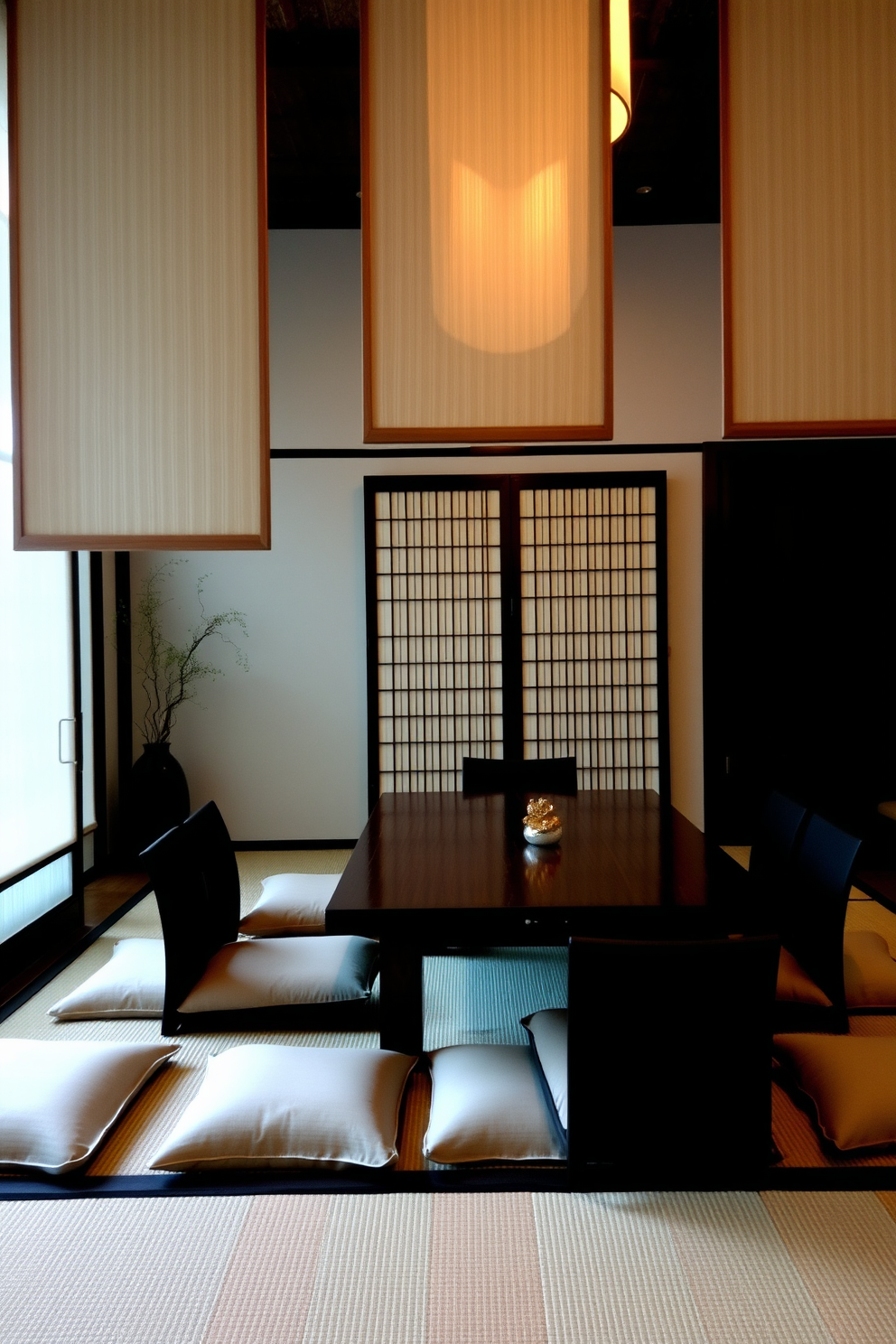 A serene Asian dining room featuring sliding shoji screens that elegantly divide the space. The room is adorned with a low wooden table surrounded by plush floor cushions, creating an inviting atmosphere for gatherings.