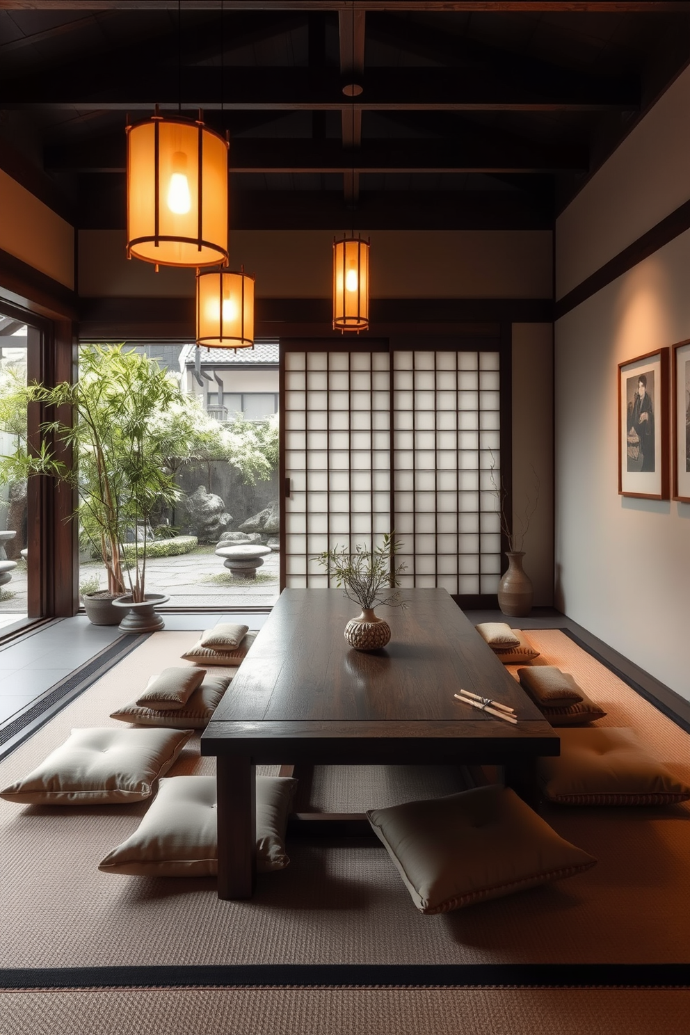 A serene Asian dining room featuring a low wooden table surrounded by floor cushions. Soft lighting from hanging lanterns casts a warm glow, while bamboo plants add a touch of nature. The walls are adorned with traditional artwork, and a sliding shoji screen provides a seamless transition to an outdoor zen garden. Natural materials like stone and wood create a harmonious atmosphere, enhancing the peaceful vibes.