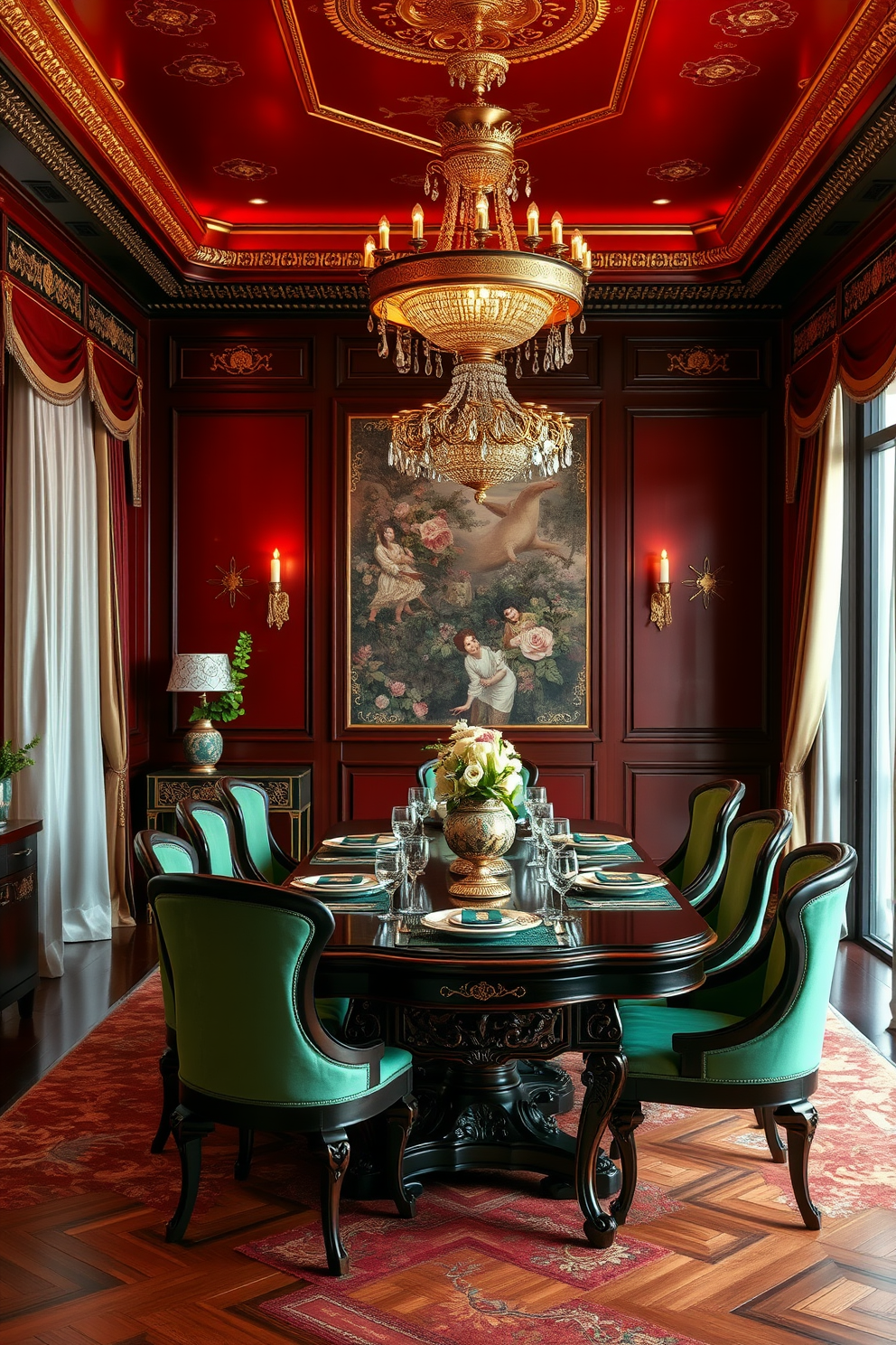 A luxurious Asian dining room featuring rich jewel tones such as deep red and emerald green. Gold accents adorn the furniture and decor, including a stunning chandelier and ornate table settings. The centerpiece is a beautifully crafted wooden dining table surrounded by elegant upholstered chairs. Delicate silk drapes frame the windows, enhancing the room's opulent atmosphere.