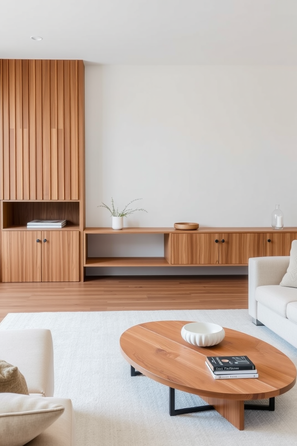 A serene Asian living room features minimalist furniture that emphasizes clean lines and functionality. Natural wood accents are incorporated through a low-profile coffee table and sleek shelving units, creating a harmonious balance with soft textiles and neutral tones.