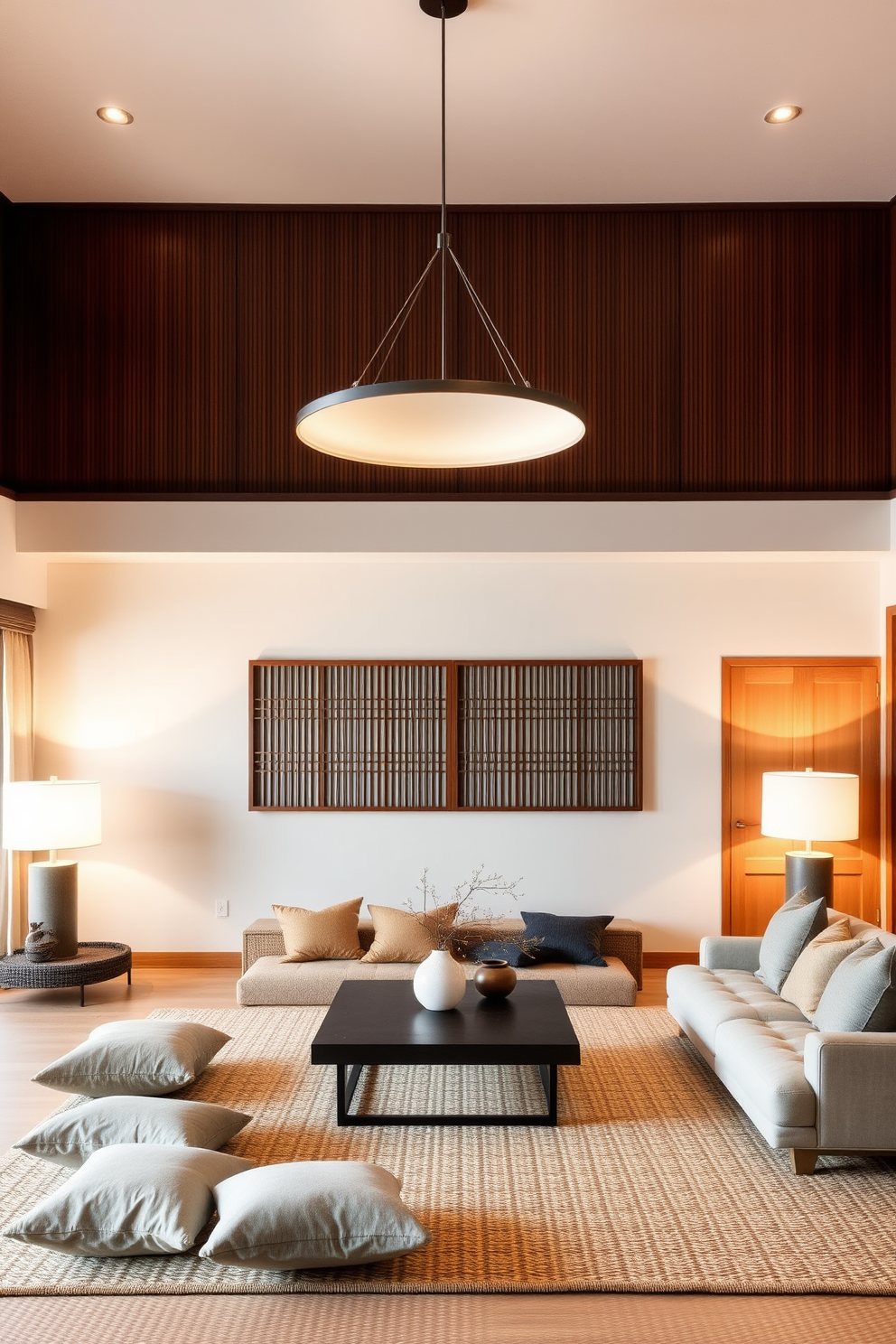 A serene Asian living room features layered lighting that creates a warm and inviting atmosphere. Soft pendant lights hang from the ceiling, complemented by strategically placed floor lamps that illuminate cozy seating areas. The walls are adorned with rich wooden panels, and a low coffee table sits at the center of the space. Plush cushions in earthy tones are scattered across a traditional woven rug, enhancing the room's comfort and style.