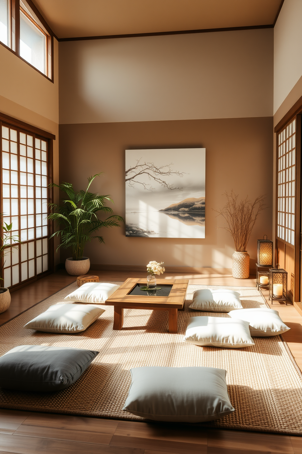 A serene Asian living room featuring bamboo elements throughout the space. The walls are adorned with light wood panels, and a large bamboo screen acts as a focal point, providing a sense of tranquility and connection to nature. A low-profile sofa in neutral tones is complemented by bamboo side tables and decorative cushions with subtle patterns. Soft lighting from paper lanterns casts a warm glow, enhancing the peaceful ambiance of the room.