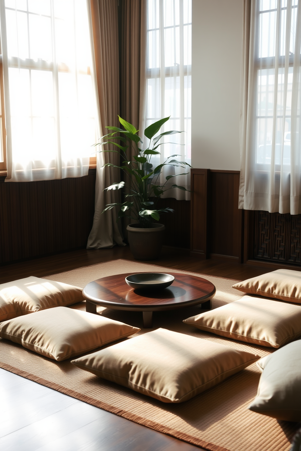 A serene Asian living room that embodies Feng Shui principles for harmony. The space features a low wooden coffee table surrounded by plush floor cushions in calming earth tones. Natural light floods the room through large windows adorned with sheer curtains. A carefully placed indoor plant in the corner enhances the sense of tranquility and connection to nature.