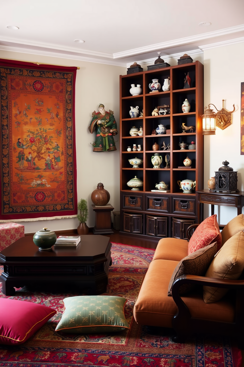 A vintage Asian living room exudes character with its rich textures and intricate patterns. A low wooden coffee table is surrounded by plush floor cushions in vibrant fabrics, while a large silk tapestry adorns the wall, showcasing traditional motifs. In one corner, a tall bookshelf displays an array of antique ceramics and decorative artifacts. Soft lighting from ornate lanterns casts a warm glow, enhancing the inviting atmosphere of the space.