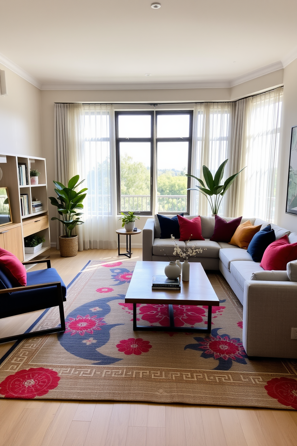 A cozy Asian living room featuring layered textiles that create a warm and inviting atmosphere. Plush cushions in rich colors are scattered across a low wooden coffee table, while a soft area rug adds depth and comfort to the space. Natural light streams in through large windows adorned with sheer curtains, enhancing the serene ambiance. Decorative elements like bamboo plants and handcrafted pottery add an authentic touch to the design.