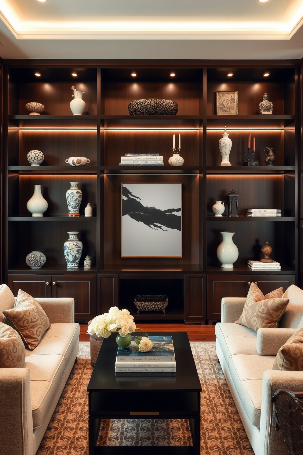 A serene Asian living room featuring open shelving that elegantly displays a curated collection of collectibles. The shelves are made of dark wood, complementing the warm tones of the room, with decorative items like porcelain vases and traditional artifacts thoughtfully arranged.