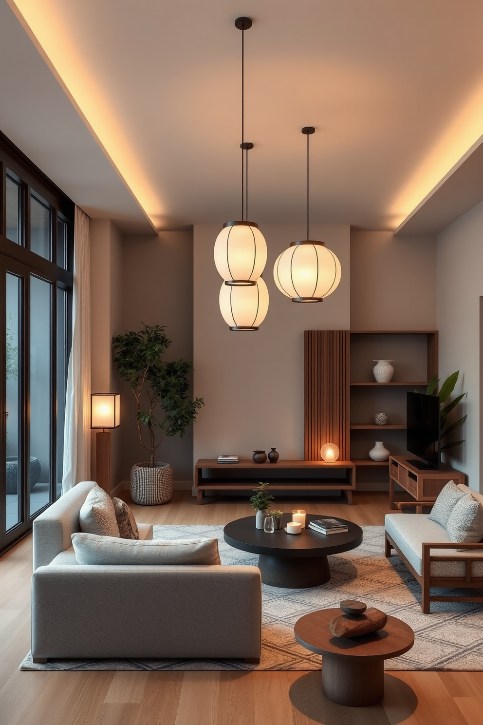 A serene Asian living room featuring soft lighting from elegant lanterns hanging from the ceiling. The space is adorned with minimalist furniture, natural wood accents, and lush greenery, creating a tranquil atmosphere.