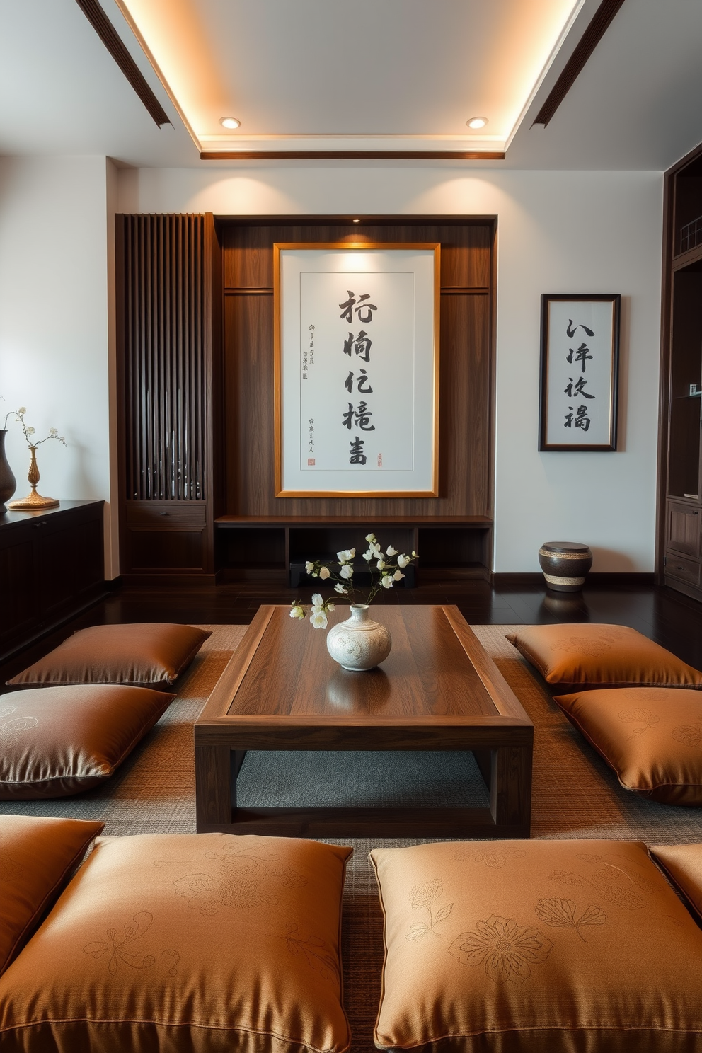 A serene Asian living room setting that exudes elegance. The space features a low wooden coffee table surrounded by plush floor cushions in rich fabrics. On the walls, beautiful calligraphy art pieces are framed and displayed, adding a touch of sophistication. Soft, ambient lighting illuminates the room, highlighting the intricate details of the decor.