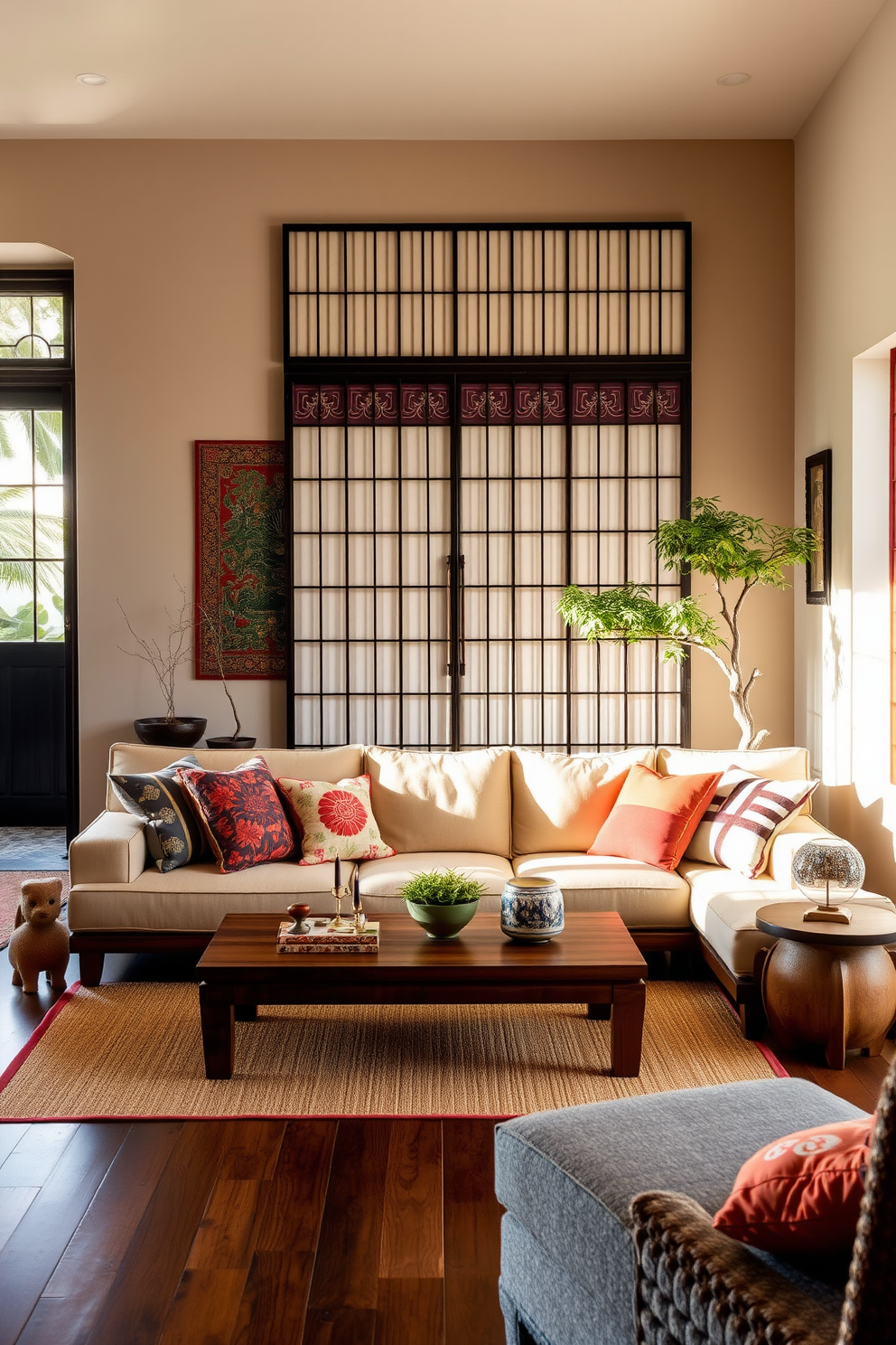 A serene Asian living room infused with earthy tones. The space features a low wooden coffee table surrounded by a plush beige sofa adorned with colorful throw pillows. A large shoji screen divides the room, allowing natural light to filter through. Decorative elements include a vibrant tapestry on the wall and a potted bonsai tree in the corner.