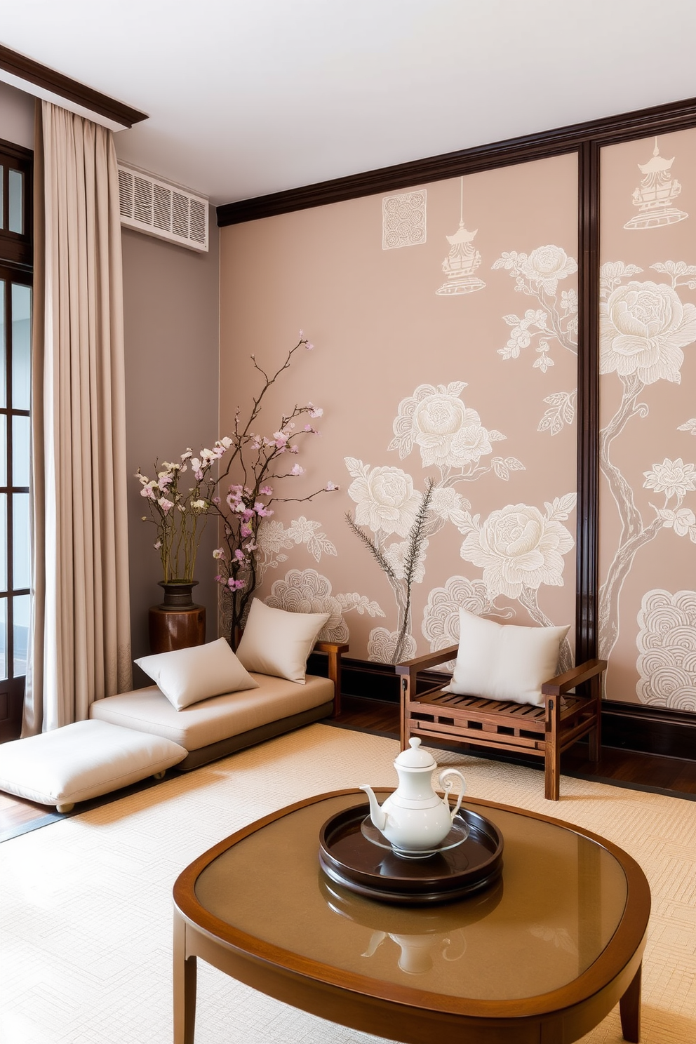 A serene Asian living room featuring an accent wall adorned with intricate Asian motifs in soft pastel colors. The space is complemented by low wooden furniture, plush cushions, and a delicate tea set displayed on a lacquered table.