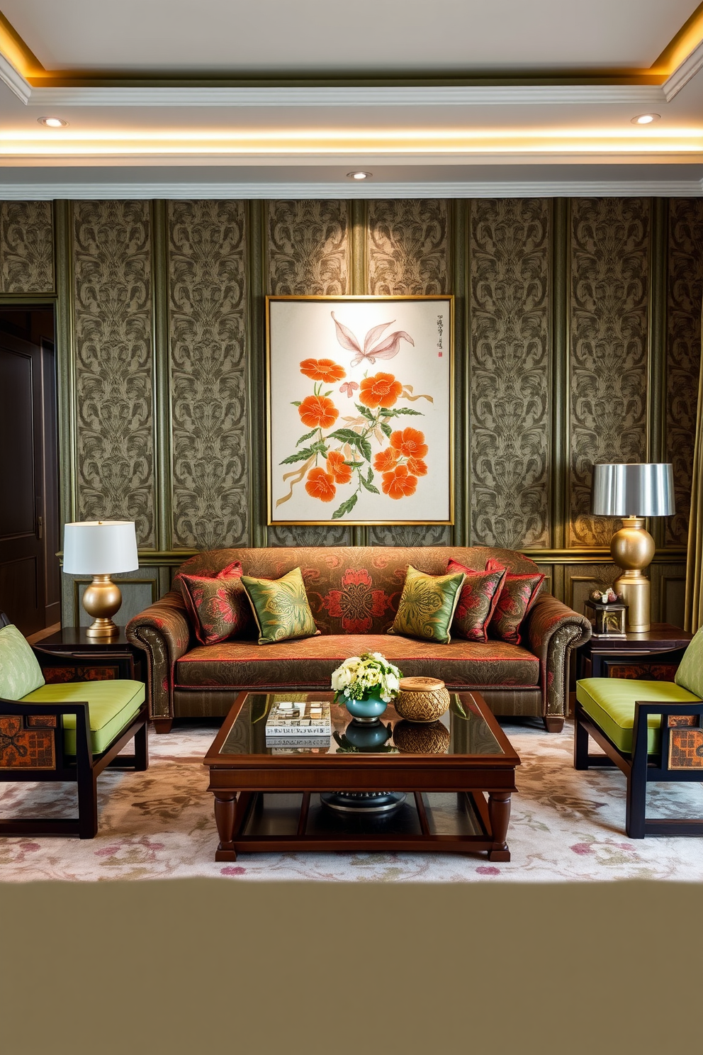 A luxurious living room setting that features rich colors complemented by muted green tones. The space includes a plush sofa adorned with intricate patterns, paired with elegant wooden side tables and a statement coffee table. Soft lighting highlights the textured wallpaper, while a large piece of art featuring Asian motifs serves as the focal point. A cozy area rug anchors the seating arrangement, and decorative cushions add warmth and comfort.