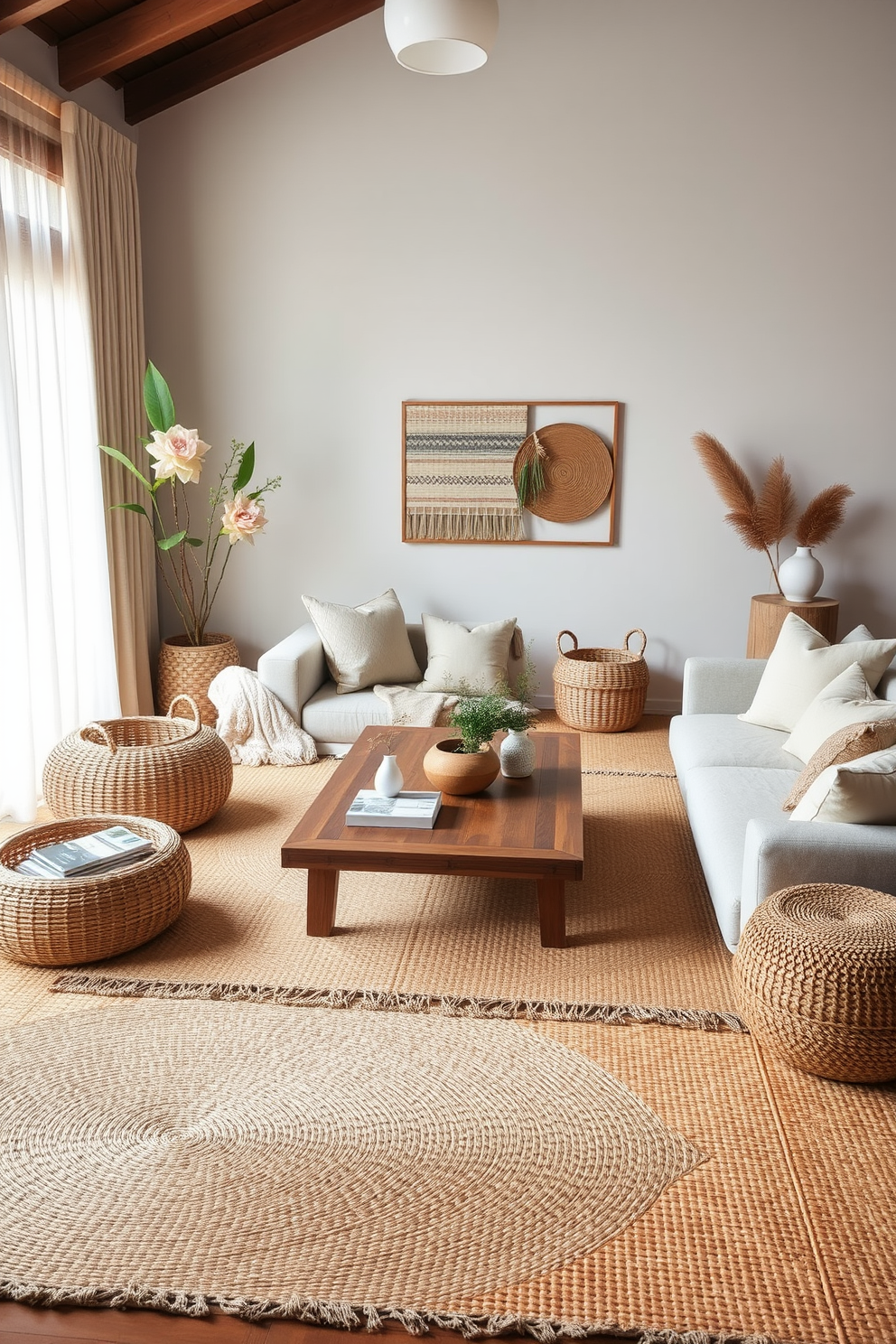 A serene Asian living room setting featuring natural fiber rugs and textiles. The space is adorned with a low wooden coffee table surrounded by plush seating in neutral tones, complemented by woven baskets and decorative cushions.