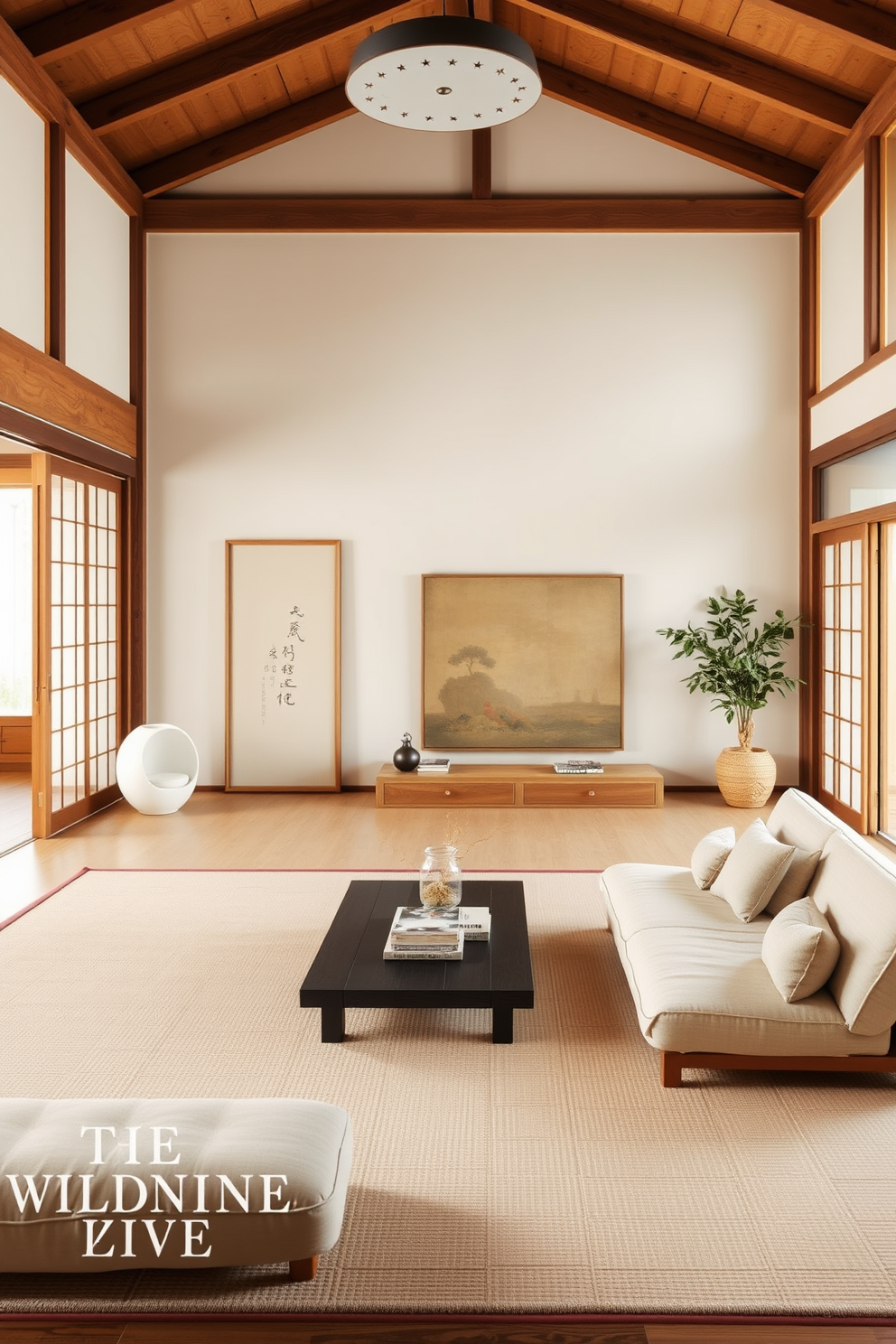 A serene Asian living room setting that showcases cultural artifacts with elegance. A low wooden coffee table sits in the center, surrounded by plush floor cushions in rich fabrics. On the walls, traditional paintings and calligraphy scrolls are beautifully framed, adding character to the space. A tall bamboo plant stands in one corner, bringing a touch of nature indoors while complementing the warm wood tones of the furniture.