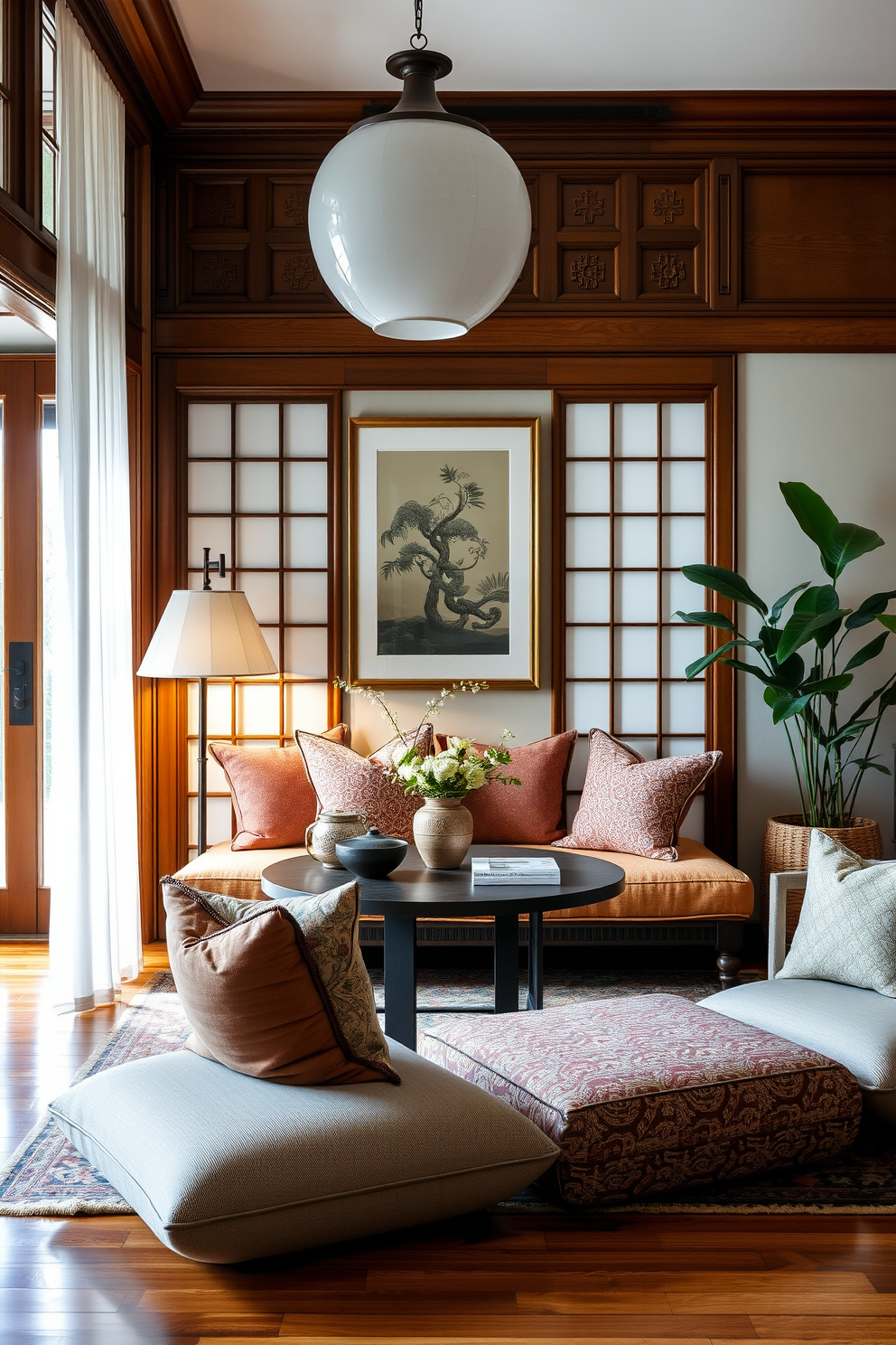 A serene Asian living room features calming water elements that create a tranquil atmosphere. The space is adorned with bamboo plants and a small indoor fountain, providing soothing sounds of flowing water. Soft natural light filters through shoji screens, illuminating the room's warm wooden tones. Plush floor cushions and low tables invite relaxation and conversation in this peaceful retreat.