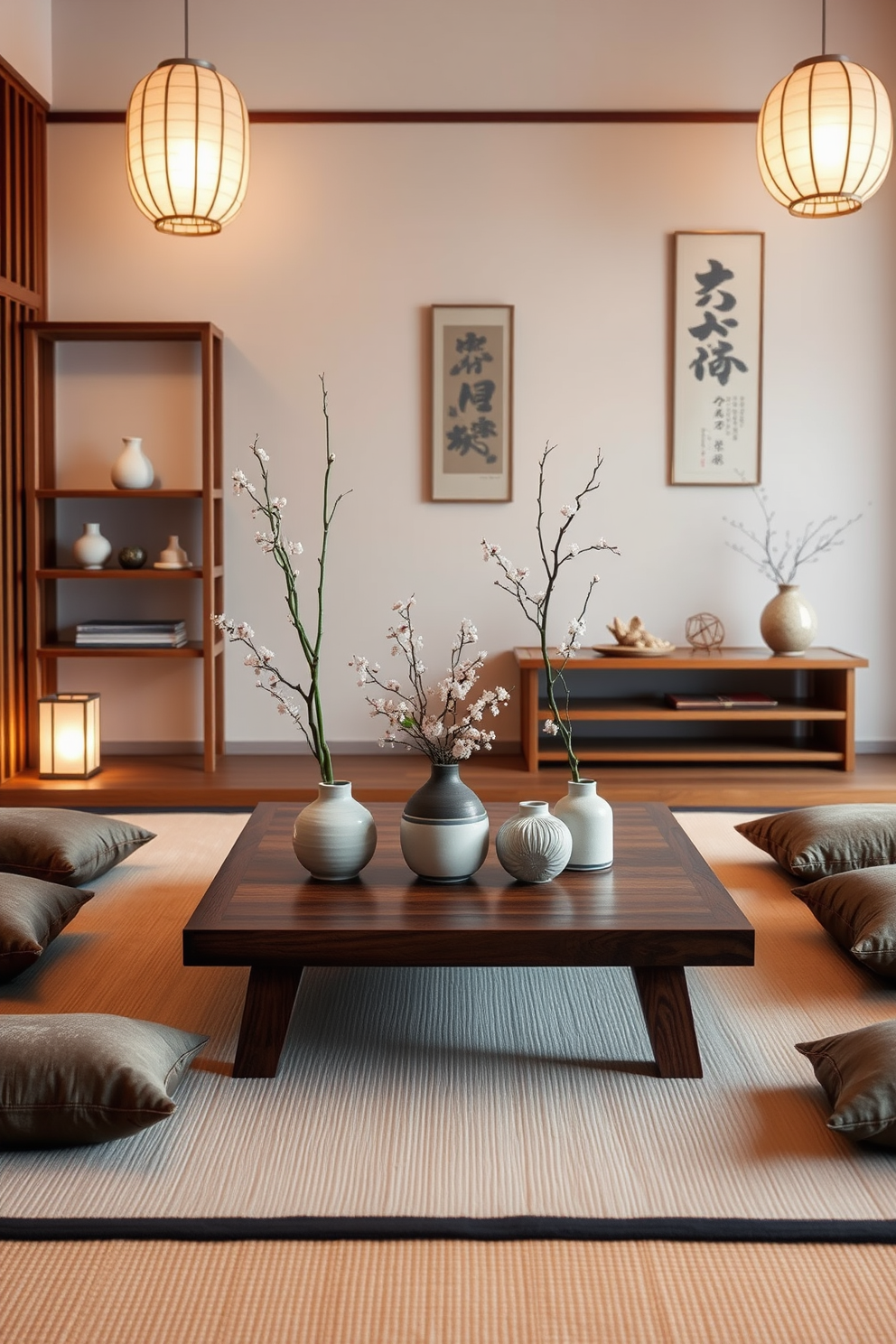 A serene Asian living room features a plush sofa adorned with cushions in geometric patterns, harmonizing with a handwoven rug that showcases intricate designs. The space is accented by bamboo plants in minimalist pots, and a low coffee table sits at the center, inviting relaxation and conversation.