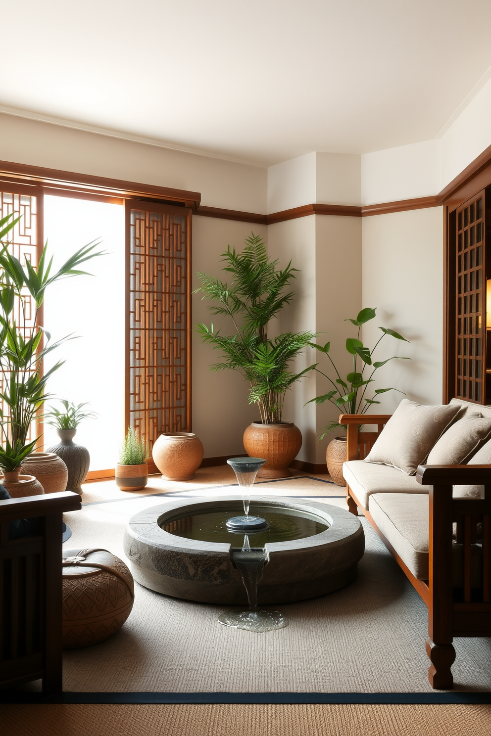 A serene Asian living room setting featuring a tranquil indoor water fountain that gently cascades water into a stone basin. The room is adorned with bamboo accents and has a large window that allows natural light to flood in, enhancing the calming atmosphere. Soft, neutral tones dominate the space, complemented by rich wooden furniture and plush cushions in earthy colors. Potted plants are strategically placed around the room, adding a touch of greenery and promoting a sense of harmony with nature.