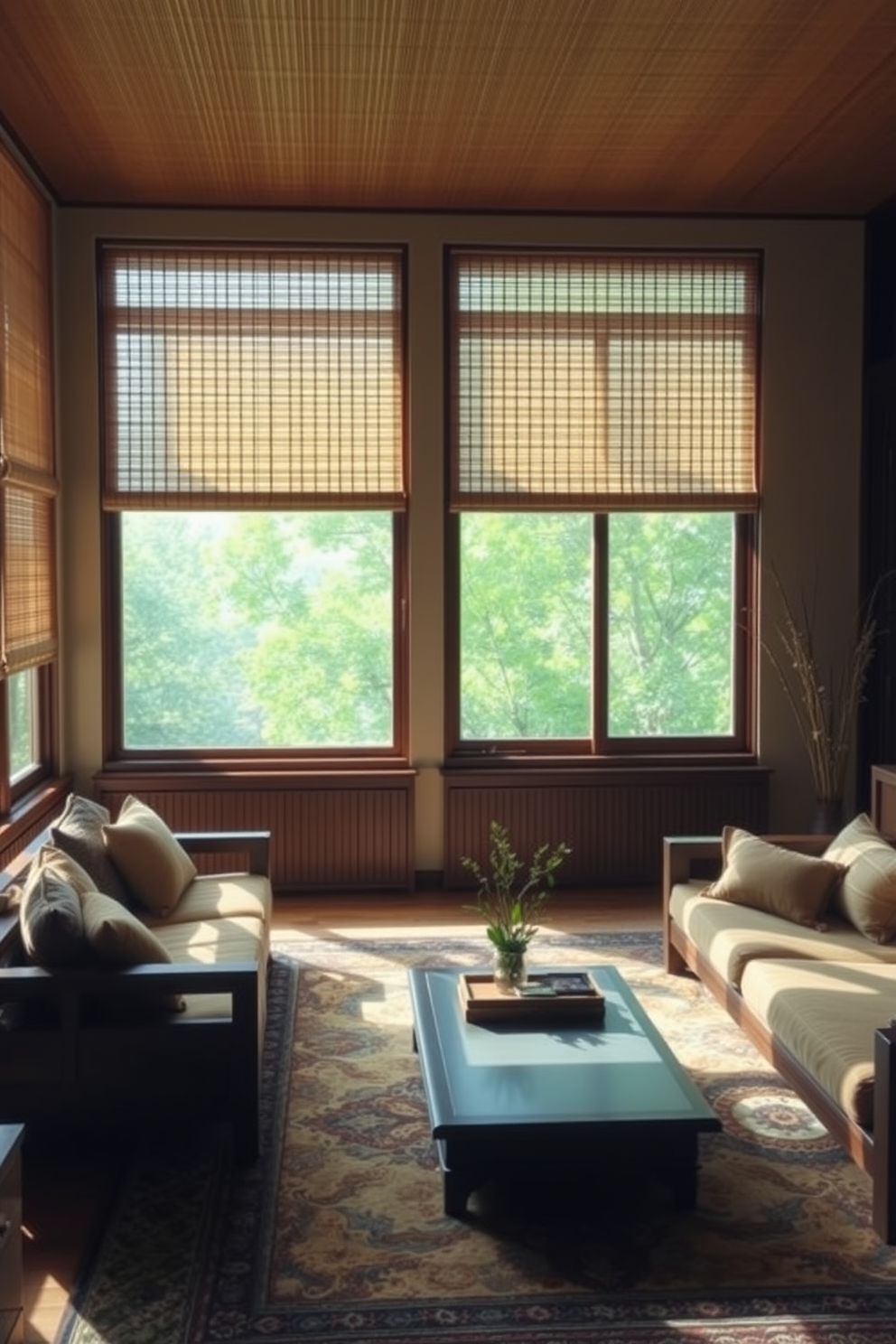 A serene Asian living room filled with natural light. The space features bamboo blinds elegantly covering large windows, providing both privacy and style. The room is adorned with low-profile furniture made of dark wood, complemented by plush cushions in earthy tones. A large, decorative area rug with intricate patterns anchors the seating area, enhancing the tranquil atmosphere.