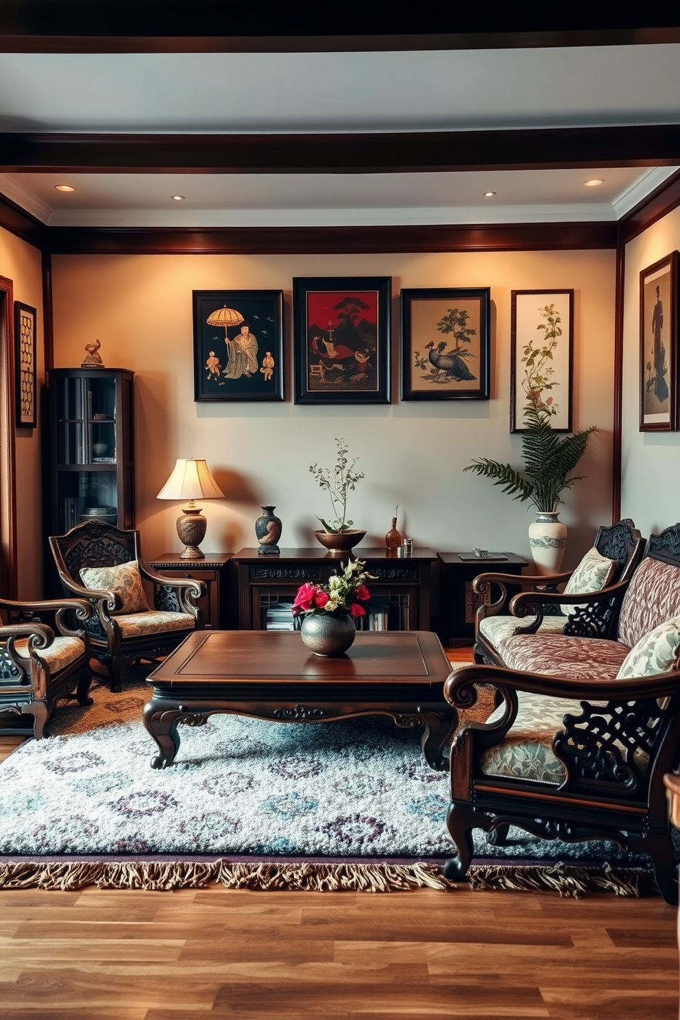 A vibrant living room filled with colorful wall art that reflects heritage Asian design elements. The space features a low wooden coffee table surrounded by plush cushions in rich fabrics, with a backdrop of intricate tapestries and framed artwork that celebrate traditional Asian motifs.