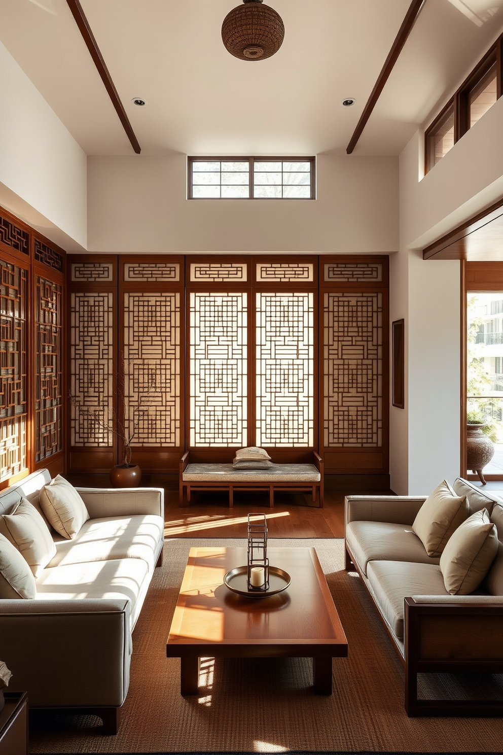 A serene Asian living room featuring a blend of modern and traditional elements. The space is adorned with intricate wooden screens that create visual interest and define separate areas within the room. Natural light filters through the screens, casting beautiful shadows on the floor. Plush seating in neutral tones complements the rich textures of silk cushions and a low wooden coffee table.