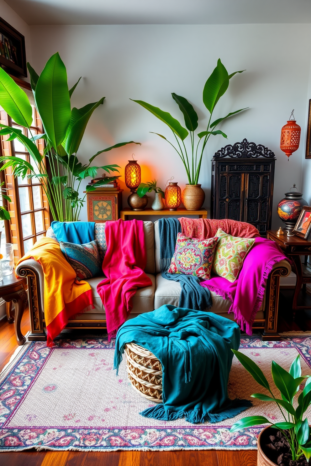 A vibrant Asian living room that showcases colorful throws draped over a plush sofa. The space is accented with intricate wooden furniture, decorative lanterns, and lush indoor plants to create a serene yet inviting atmosphere.