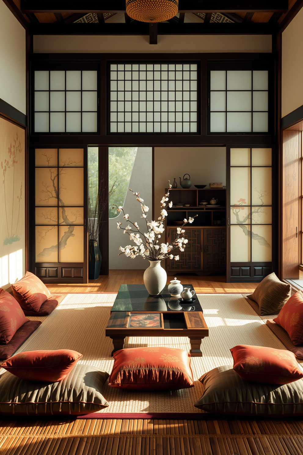 A cozy Asian living room filled with rustic charm. The space features distressed wood beams on the ceiling and a mix of traditional and modern furnishings. A large, low wooden coffee table sits in the center, surrounded by plush floor cushions in earthy tones. The walls are adorned with hand-painted silk panels, and a woven rug adds warmth to the wooden floor.