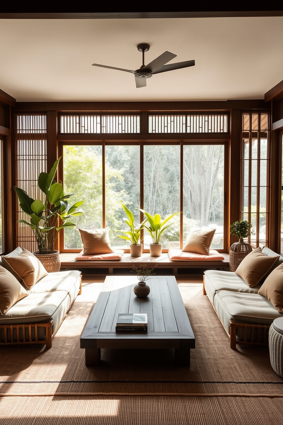 A serene Asian living room featuring low profile seating that encourages relaxation. The space is adorned with natural materials such as bamboo and rattan, complemented by soft cushions in earthy tones. Large windows allow natural light to flood the room, enhancing the tranquil atmosphere. A low wooden coffee table sits in the center, surrounded by minimalistic decor and lush indoor plants.