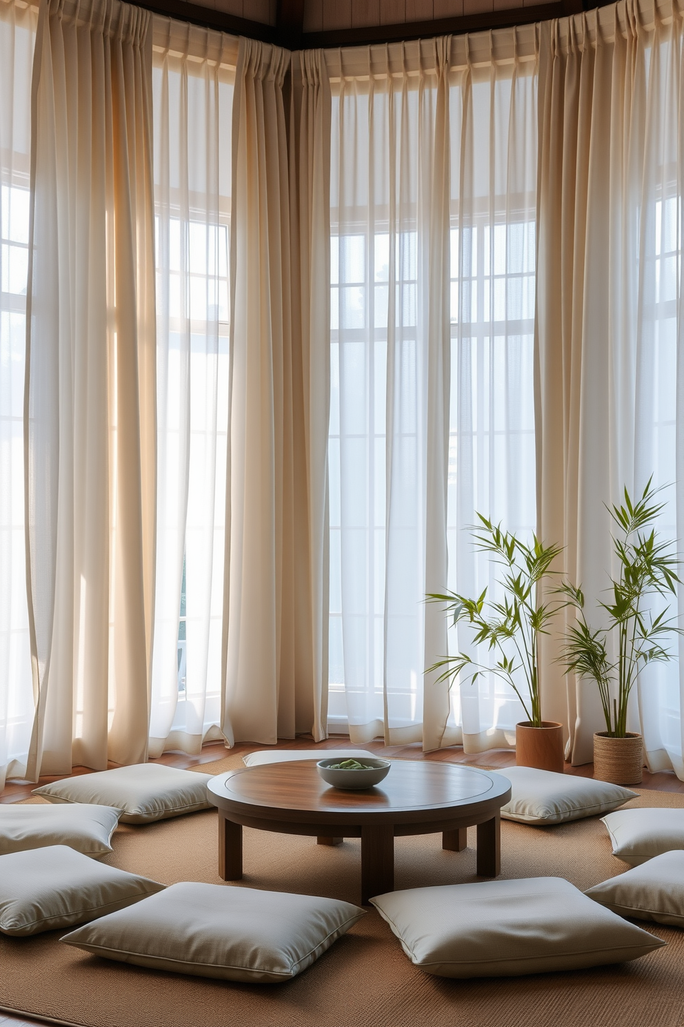 A serene Asian living room filled with natural light. Soft draperies in light colors gently frame the windows, creating an airy atmosphere. The room features a low wooden coffee table surrounded by plush floor cushions. Bamboo plants are strategically placed in the corners, enhancing the tranquil vibe.