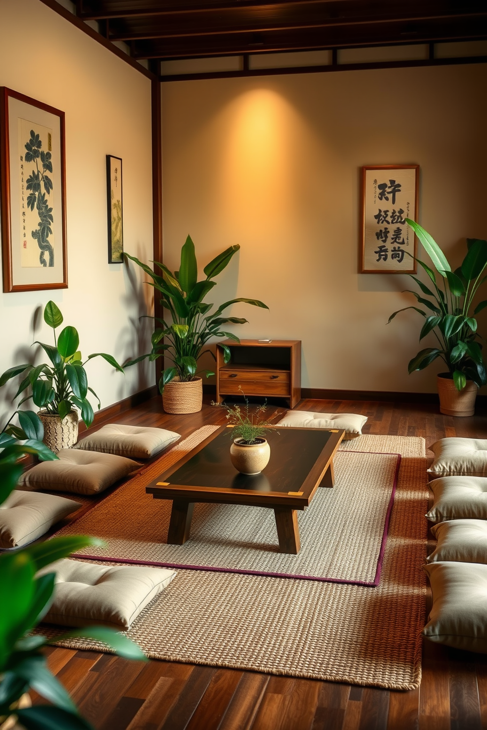 A serene Asian living room featuring a low wooden coffee table surrounded by plush floor cushions. Lush indoor plants are strategically placed in the corners, adding a touch of freshness and tranquility to the space. The walls are adorned with traditional Asian art, and a woven bamboo rug anchors the seating area. Soft ambient lighting enhances the warm tones of the room, creating a cozy and inviting atmosphere.