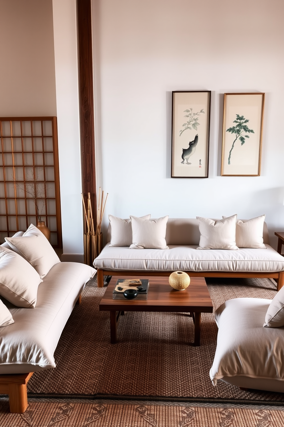 A serene Asian living room featuring a harmonious blend of soft fabrics and natural textures. Plush cushions in muted tones adorn a low wooden coffee table surrounded by elegant bamboo accents. The walls are adorned with subtle artwork depicting traditional Asian motifs, enhancing the tranquil atmosphere. A woven rug with intricate patterns adds warmth to the space, inviting relaxation and comfort.