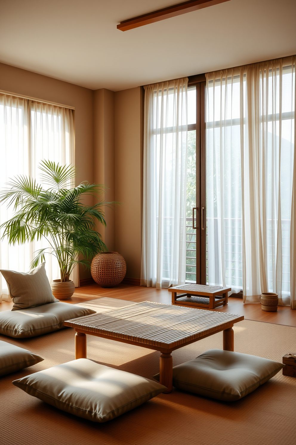 A serene Asian living room featuring a harmonious color palette with earth tones. The walls are adorned with soft beige, complemented by a rich brown wooden floor and natural fiber rugs. In the center, a low-profile wooden coffee table sits atop the rug, surrounded by plush seating in muted greens and browns. Elegant bamboo plants are placed in the corners, adding a touch of nature and tranquility to the space.