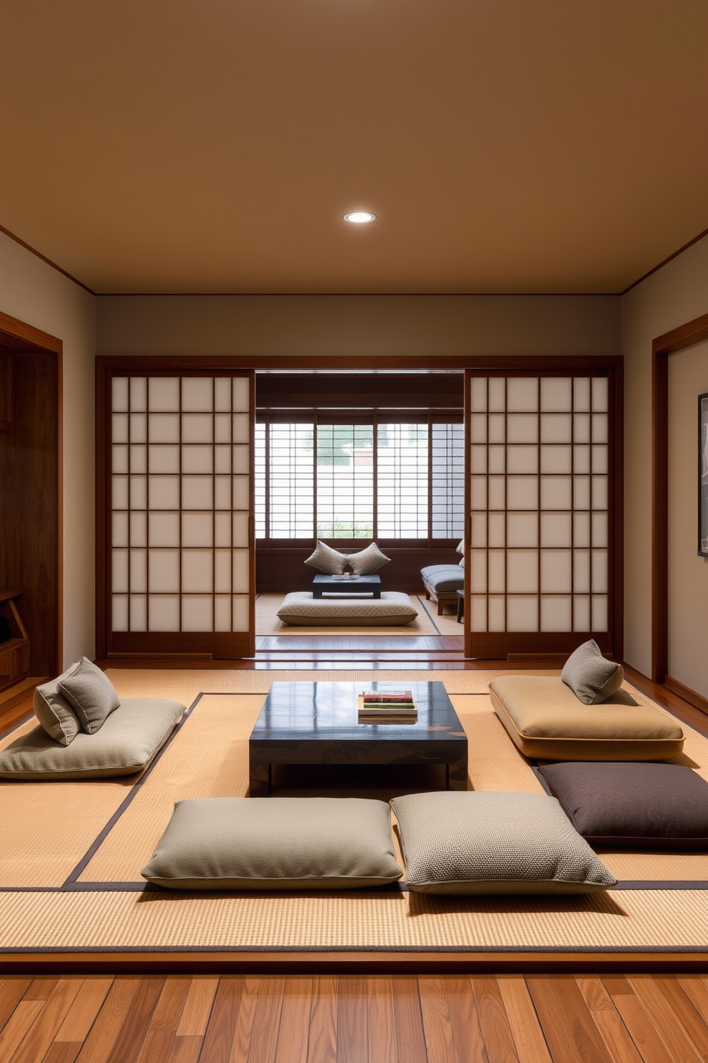 A serene Asian living room featuring sliding shoji screens that elegantly divide the space. The room is adorned with natural wood elements, a low coffee table, and plush seating arranged around a traditional tatami mat.