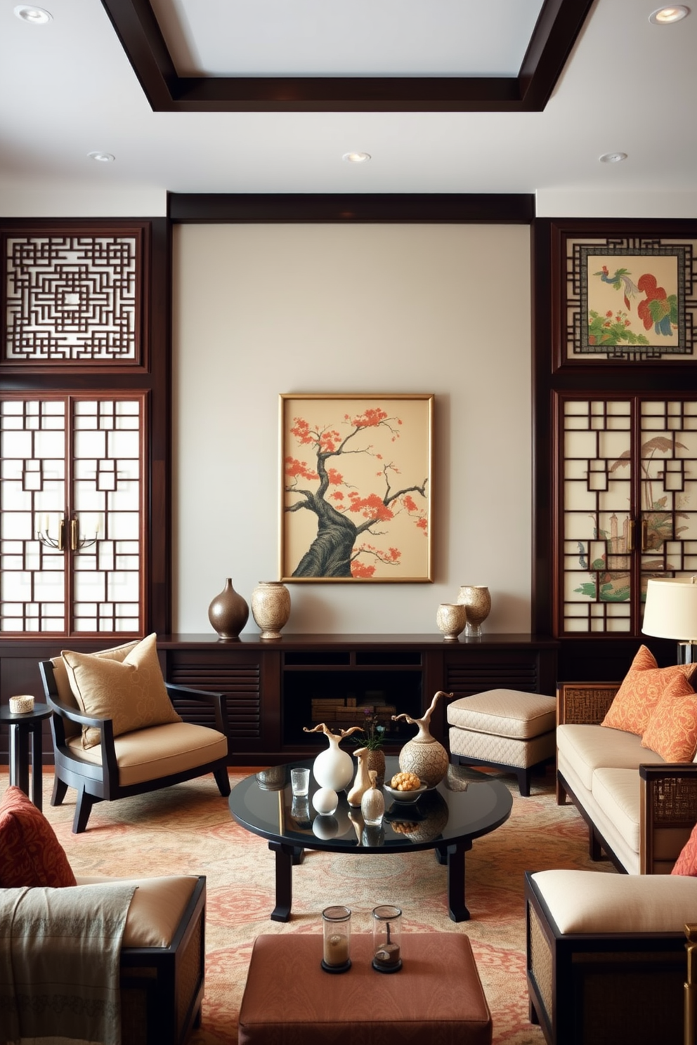 Create a serene Asian living room that features intricate wooden screens and low-profile furniture. Incorporate vibrant Asian art pieces as focal points on the walls, showcasing traditional colors and patterns. Use a mix of natural materials such as bamboo and silk to enhance the ambiance. Add plush cushions and a central coffee table adorned with decorative items to invite comfort and style.